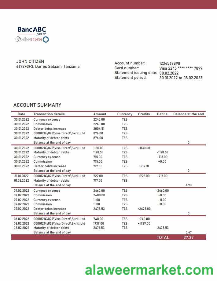 Tanzania BancABC bank statement